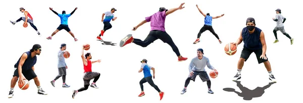 Conjunto Hombres Asiáticos Deportes Baloncesto Correr Saltar Sobre Fondo Color — Foto de Stock