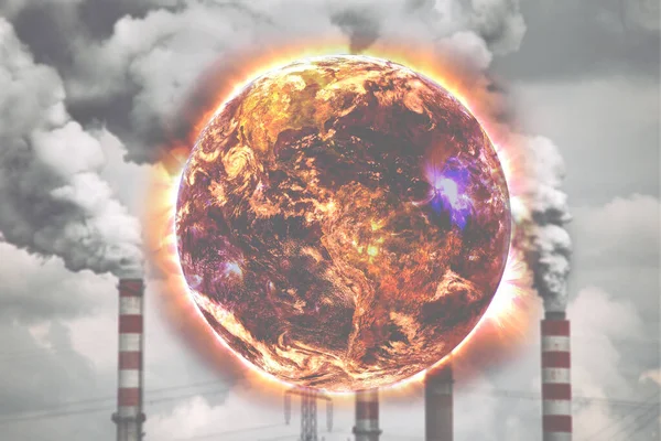 Opwarming Van Aarde Vervuiling Concept Wereld Brand Met Fabrieksvervuiling Rook — Stockfoto