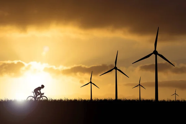 Windräder Erzeugen Abends Strom Die Sonne Geht Unter Silhouetten Windräder — Stockfoto