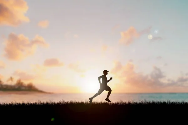 Running Man Silhouette Sunset Time Silhouette Runner Training Evening Sunsets — Stock Photo, Image