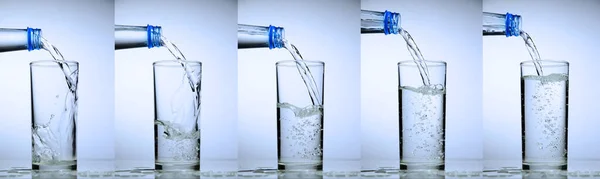 Vidrio Está Llenando Agua Colección Salpicaduras Agua Sobre Fondo Blanco —  Fotos de Stock