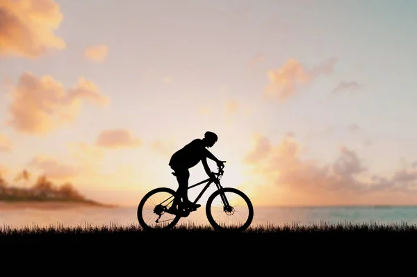 Egy Kerékpáros Sziluettje Egy Gyönyörű Esti Réten Kerékpár Nyaralás Ötletek — Stock Fotó