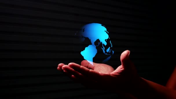 Hand Holding Virtual Globe Hand Black Background Digital World Information — Stock videók