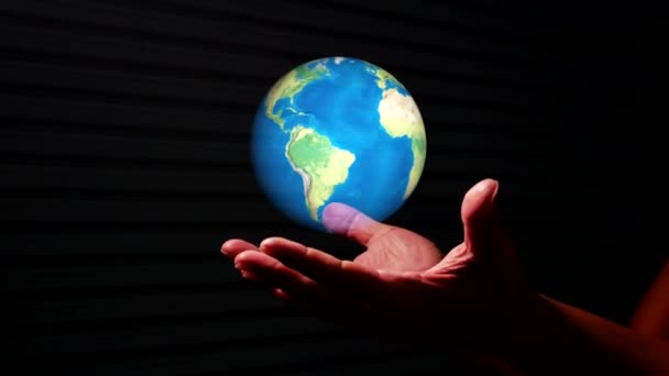 Hand Holding Virtual Globe Hand Black Background Digital World Information — Stock videók