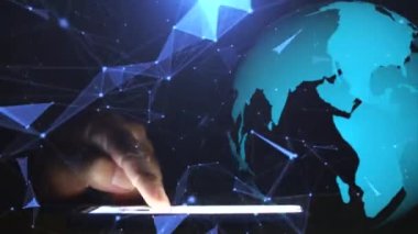 Concept of mobile phone usage and data communication. The man is constantly touching the phone screen.