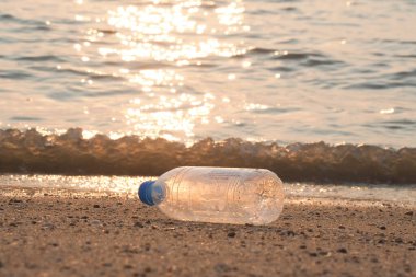 Plajdaki çöp şişeleri. Çöp ve kirlilik kavramı