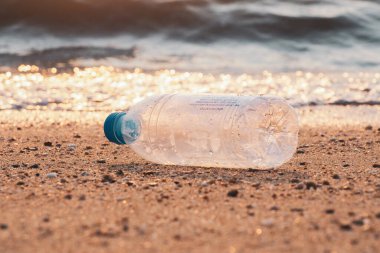 Plajdaki çöp şişeleri. Çöp ve kirlilik kavramı