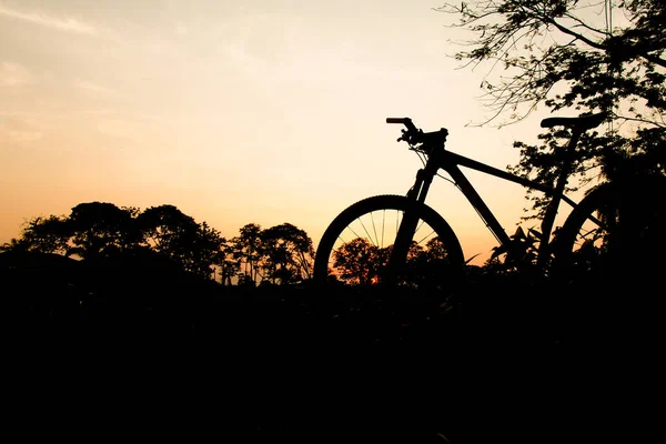 Silhueta Uma Bicicleta Montanha Tarde Ideias Fitness Aventura — Fotografia de Stock