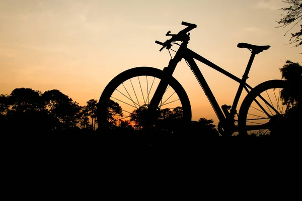 Silhueta Uma Bicicleta Montanha Tarde Ideias Fitness Aventura — Fotografia de Stock