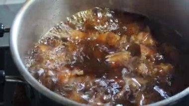 Stewed eggs and pork belly in a hot pot. home cooking ideas