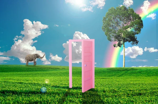 The door and the sky. 3d render white fluffy clouds will pass Fly out open door, isolated object on blue background, door to heaven, abstract metaphor, modern minimal concept. Surreal dream scene.