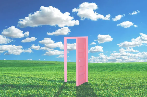 The door and the sky. 3d render white fluffy clouds will pass Fly out open door, isolated object on blue background, door to heaven, abstract metaphor, modern minimal concept. Surreal dream scene.