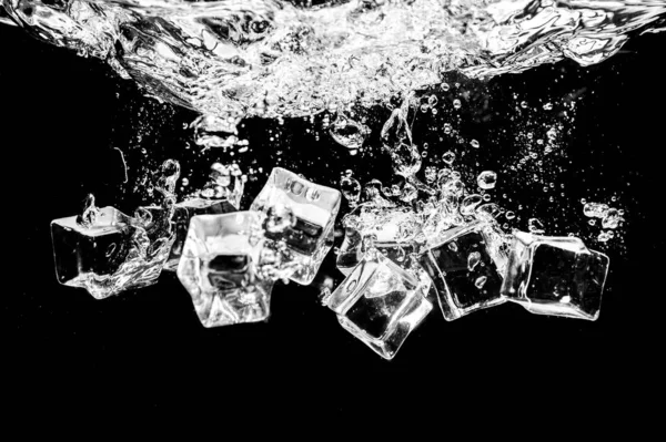 Ice cubes in water on studio dark background. The concept of freshness with coolness from ice cubes.