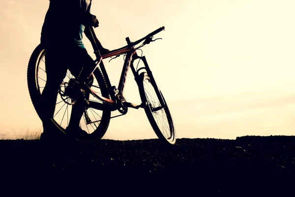 Silhouettes of mountain bikes and cyclists in the evening happily. Travel and fitness concept