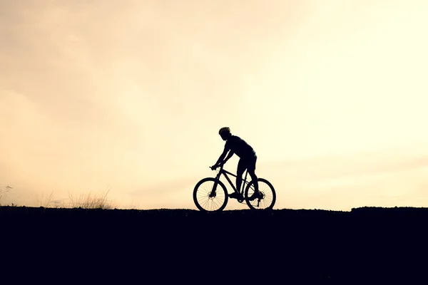 Silhouettes of mountain bikes and cyclists in the evening happily. Travel and fitness concept