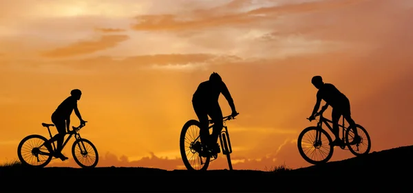 Silhouette of a mountain bikers enjoying downhill during the sunset. Mountain bike concept. Mountain bike race - silhouette cyclist on background.