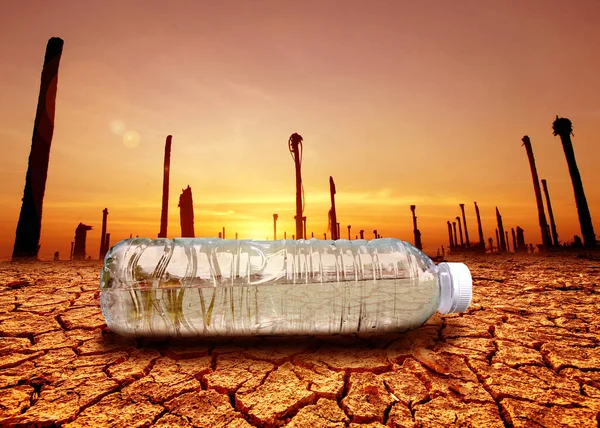 water scarcity concept Drought due to global warming. Water bottles placed in drought and broken soil areas