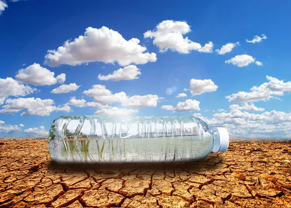 water scarcity concept Drought due to global warming. Water bottles placed in drought and broken soil areas