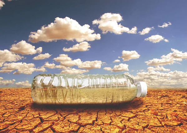 water scarcity concept Drought due to global warming. Water bottles placed in drought and broken soil areas