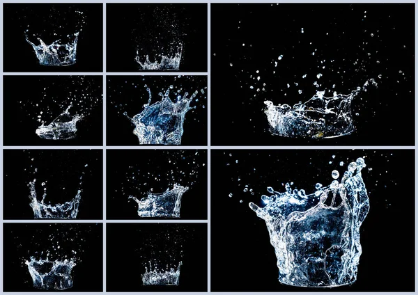 Collage of splashing water on a black background. water droplets scattered on a black background