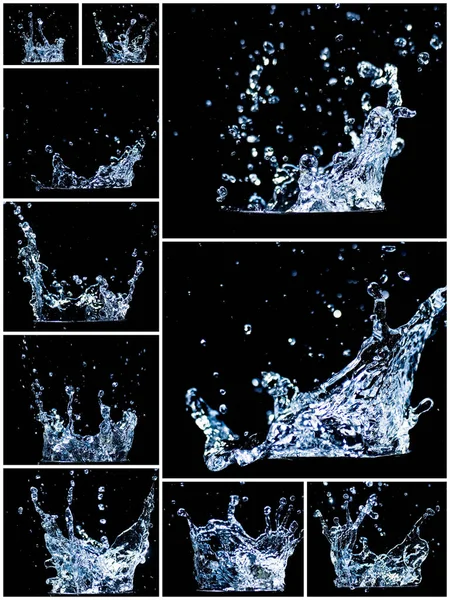 Collage of splashing water on a black background. water droplets scattered on a black background
