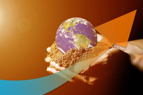 Concept of global temperature rising and global warming. Arrows show higher heat values against a backdrop of drought.