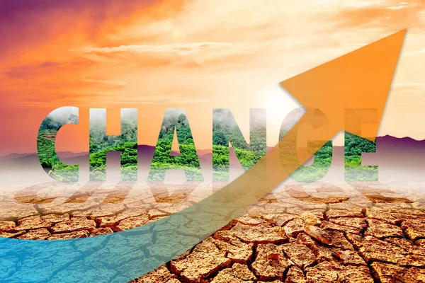 Concept of global temperature rising and global warming. Arrows show higher heat values against a backdrop of drought.
