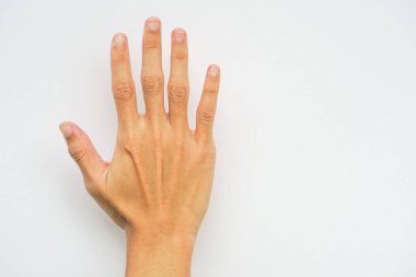 İnsan eli, kopyalama alanı olan beyaz arkaplanda izole edildi                              