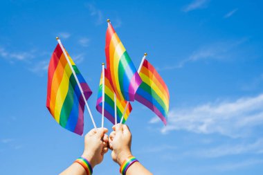 rainbow flags LGBT community symbol are being waved by a man hands on background clear blue sky