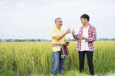 Asyalı pirinç çiftçisi, mutlu aile babası akıllı bir telefon tutuyor ve oğlu pirinç yetiştirmede yeni bir tarım sürecinin başarılı olması için başparmak kaldırıyor. konsept organik tarım, tarım teknolojisi