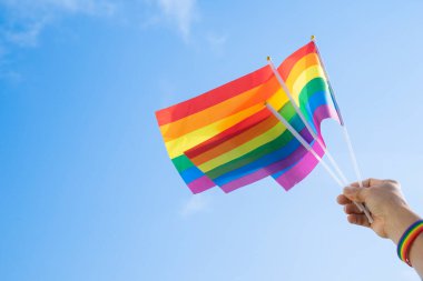 Adamın eli LGBT gökkuşağı bilekliği takıyor ve arka plan mavi gökyüzünde LGBT gökkuşağı bayrakları sallıyor (seçici odak), LGBTQ + eşitlik hareketi topluluğu kavramı