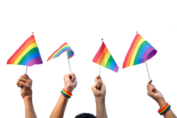 İnsanlar el sallıyor renkli lgbtq gökkuşağı bayrakları beyaz arka planda izole, kavram LGBTQ topluluk eşit hareket, LGBTQ gurur ayı