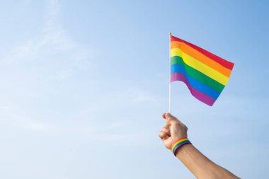 Adamın eli LGBT gökkuşağı bilekliği takıyor ve arka plan mavi gökyüzünde LGBT gökkuşağı bayrağı sallıyor (seçici odak), LGBTQ + eşitlik hareketi topluluğu kavramı