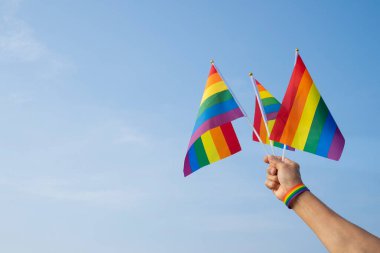 Adamın eli LGBT gökkuşağı bilekliği takıyor. Arka planda LGBT gökkuşağı bayrakları sallıyor. LGBTQ + eşitlik hareketi topluluğu kavramı.