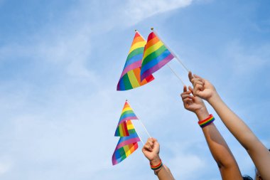 Çeşitli insanlar geçit töreninde renkli lgbtq gökkuşağı bayrakları göndere çekiyor, arka plan mavi gökyüzü. LGBTQ topluluk eşit hareket geçidi, LGBTQ gurur ayı