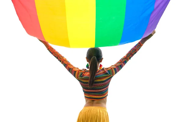 Πίσω Όψη Τρανσέξουαλ Γυναίκα Ανύψωση Igbt Σημαία Ουράνιο Τόξο Απομονώνονται — Φωτογραφία Αρχείου