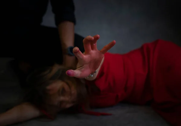 Concept Violence Women Crime Bloody Hand Female Victims Red Dress — Photo