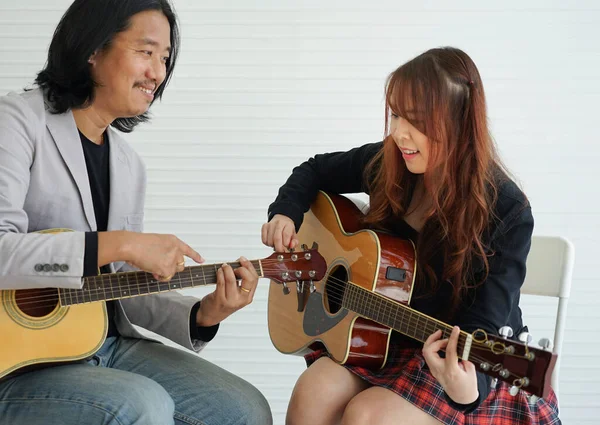 Student Interesting Guitarist Teacher Music Academy School Selective Focus — Stock fotografie