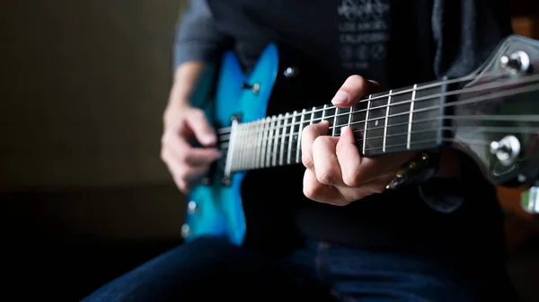 Guitarist Man Playing Guitar Man Sitting Practicing Electric Guitar Copy — Fotografia de Stock