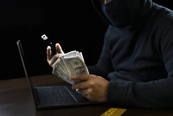 Cyber Crime Concept Robber Black Hoodie Holding Money Gun Hands — Stock Photo, Image