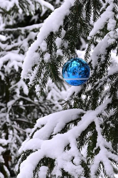 Μπλε Χριστουγεννιάτικο Παιχνίδι Μπάλα Διακοσμεί Ένα Χιονισμένο Έλατο Προετοιμασία Για — Φωτογραφία Αρχείου