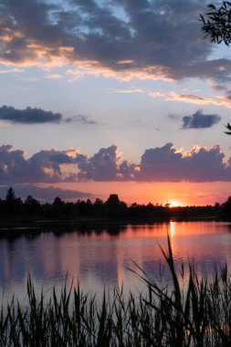Sihirli yaz günbatımı ve nehrin üzerinde pembe bir gökyüzü. Bulutlar sakin suya yansıyor. Güzel bir akşam manzarası. Dikey fotoğraf