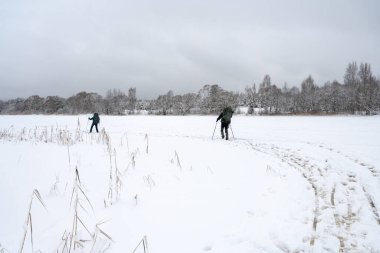 Sırt çantalı turistler donmuş bir nehirde kayak yapmaya giderler. Karla kaplı ağaçlarla kaplı kış manzarası.