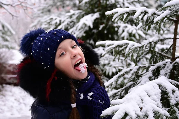 Menina Brincando Come Neve Inverno Humor Alegre Fotografia De Stock