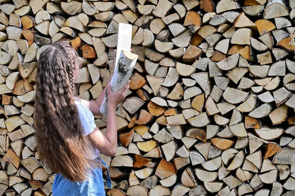 Girl Long Hair White Shirt Denim Shorts Pile Firewood Concept — Foto Stock
