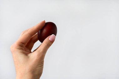 woman's hand holds an Easter colored egg isolated on a white background. Space for text