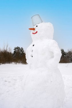 Cute smiling snowman in the field covered with snow.  Winter outdoor activities