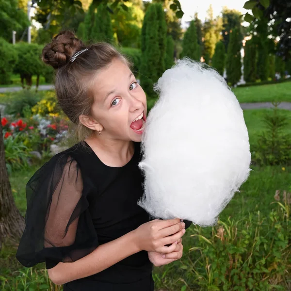 Cute Girl Bites Delicious Cotton Candy Has Fun Park Happy Imagens Royalty-Free