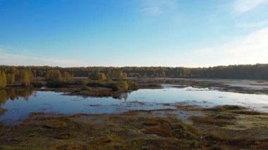 Sarı ağaçlarla çevrili bir gölün üzerinde şafak vakti uçmak. Altın sonbahar. Ağaçlar suya yansıyor.