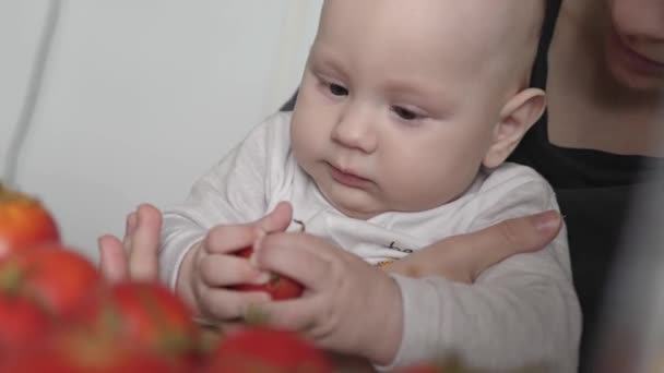Small Child Sitting His Mother Arms Playing Red Tomatoes Average — Stock Video